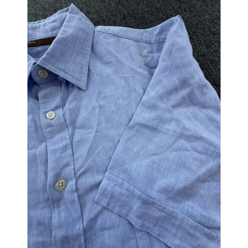 Perry Ellis Shirt Mens XLarge Blue Button Up Short Sleeve Linen Blend Pockets